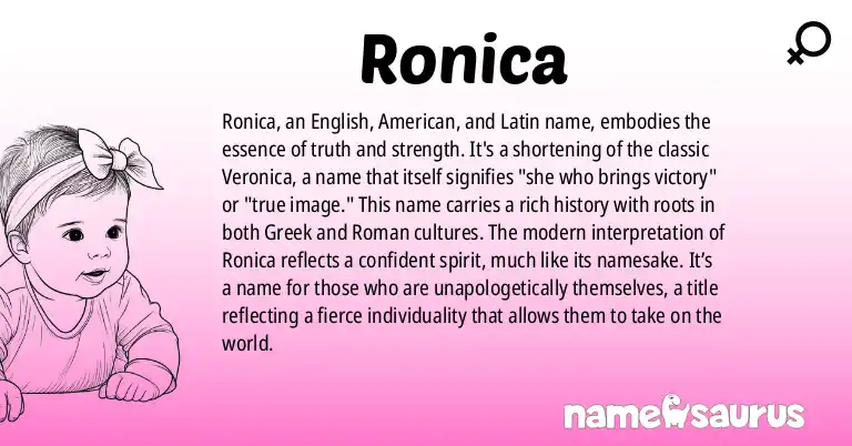 Infographic about Ronica name meaning, Ronica is a name from English, American, Latin, Greek origin(s).