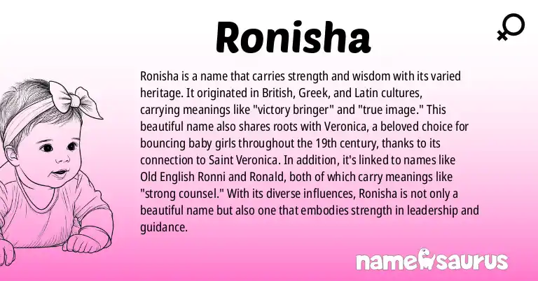 Infographic about Ronisha name meaning, Ronisha is a name from British, Greek, Latin origin(s).
