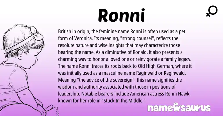 Infographic about Ronni name meaning, Ronni is a name from Old High German, British, American origin(s).