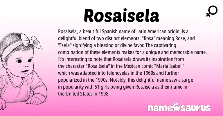 Infographic about Rosaisela name meaning, Rosaisela is a name from Spanish (Latin American) origin(s).