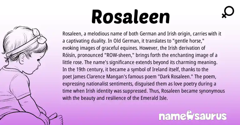 Infographic about Rosaleen name meaning, Rosaleen is a name from Irish, German, Ireland, Old German origin(s).