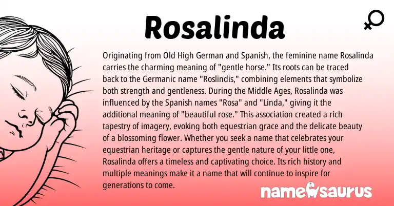 Infographic about Rosalinda name meaning, Rosalinda is a name from Old High German, Spanish, Germanic origin(s).