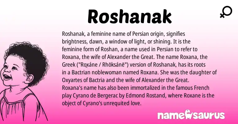 Infographic about Roshanak name meaning, Roshanak is a name from French, Persian, Greek origin(s).