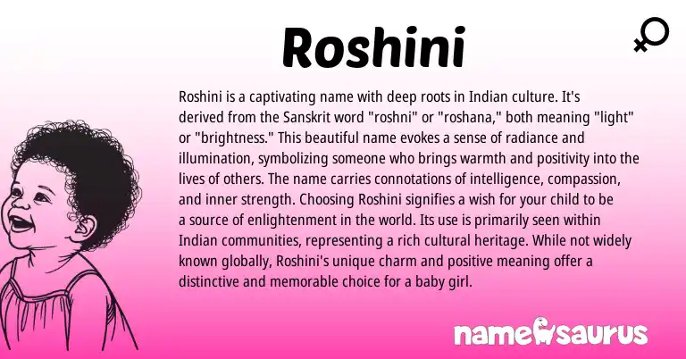 Infographic about Roshini name meaning, Roshini is a name from Hindi, Indian, Sanskrit origin(s).