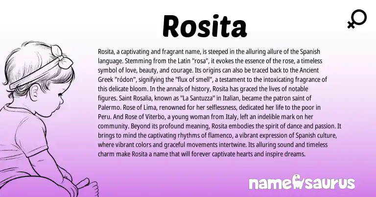 Infographic about Rosita name meaning, Rosita is a name from Spanish, Ancient Greek, Latin, Italian origin(s).
