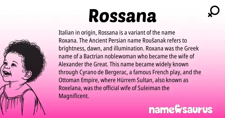 Infographic about Rossana name meaning, Rossana is a name from Greek, French, Persian, Italian origin(s).