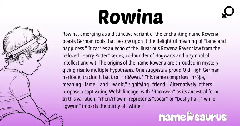 Infographic about Rowina name meaning, Rowina is a name from Old High German, German, Welsh origin(s).