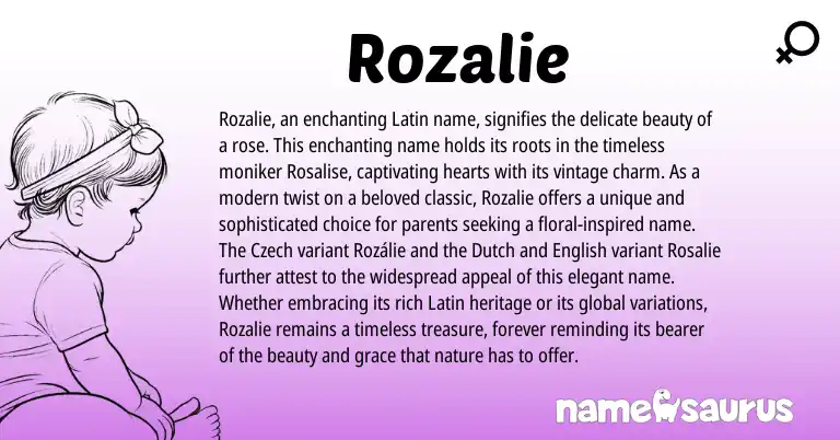Infographic about Rozalie name meaning, Rozalie is a name from English, Dutch, Latin, Czech origin(s).