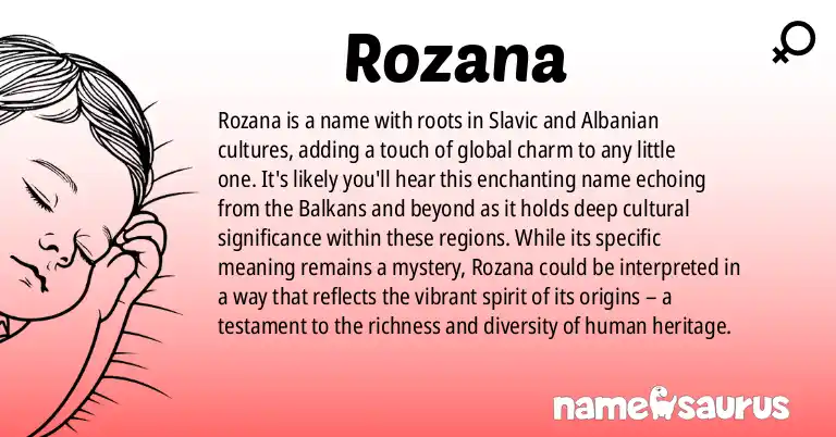 Infographic about Rozana name meaning, Rozana is a name from Slovene, Albanian, Croatian, Greek origin(s).