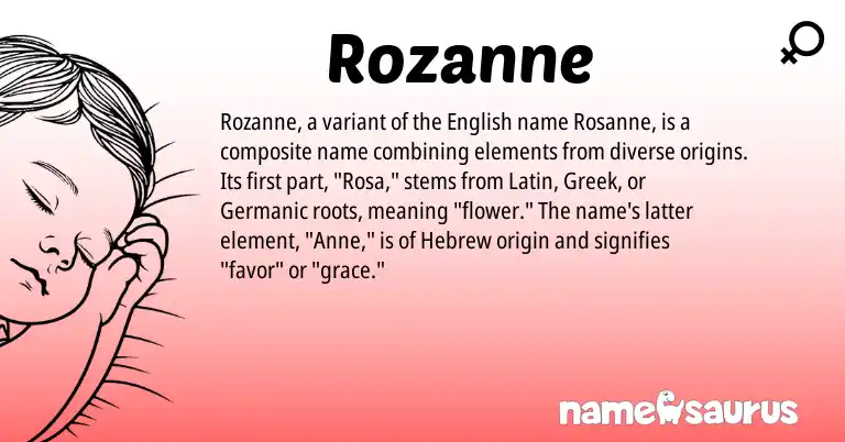 Infographic about Rozanne name meaning, Rozanne is a name from English, Germanic, Latin, Greek, Hebrew origin(s).