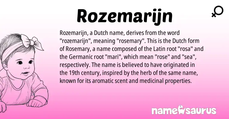 Infographic about Rozemarijn name meaning, Rozemarijn is a name from Germanic, Dutch, Latin origin(s).