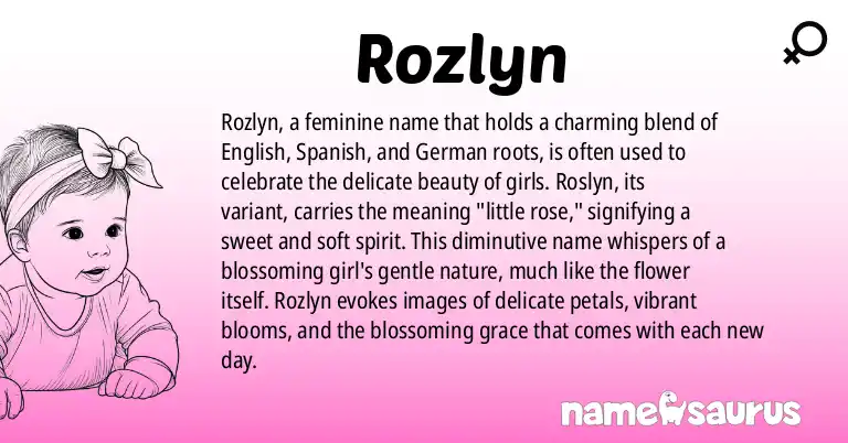 Infographic about Rozlyn name meaning, Rozlyn is a name from English, Spanish, German origin(s).