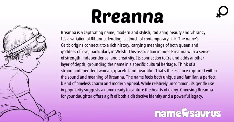 Infographic about Rreanna name meaning, Rreanna is a name from Welsh, English, Celtic origin(s).