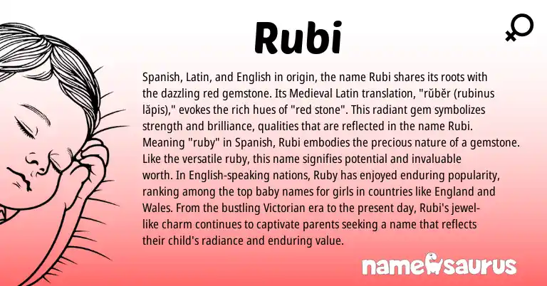 Infographic about Rubi name meaning, Rubi is a name from Medieval Latin, Spanish, English, England, Latin origin(s).