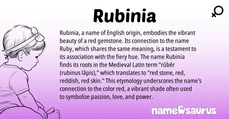 Infographic about Rubinia name meaning, Rubinia is a name from English, Medieval Latin origin(s).