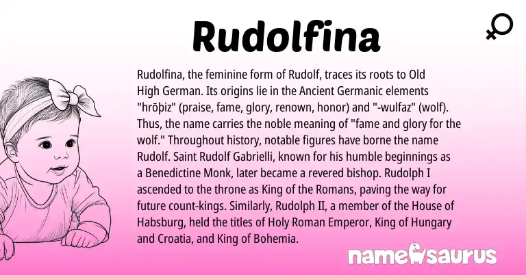 Infographic about Rudolfina name meaning, Rudolfina is a name from Old High German, Roman, Ancient Germanic origin(s).