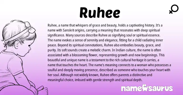 Infographic about Ruhee name meaning, Ruhee is a name from Sanskrit, Indian, Arabic origin(s).