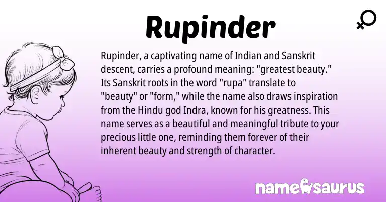 Infographic about Rupinder name meaning, Rupinder is a name from Sanskrit, Indian, Hindu origin(s).