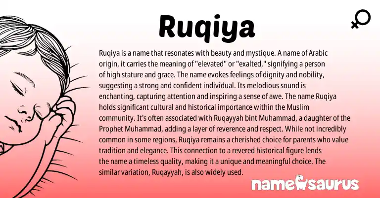 Infographic about Ruqiya name meaning, Ruqiya is a name from Arabic origin(s).