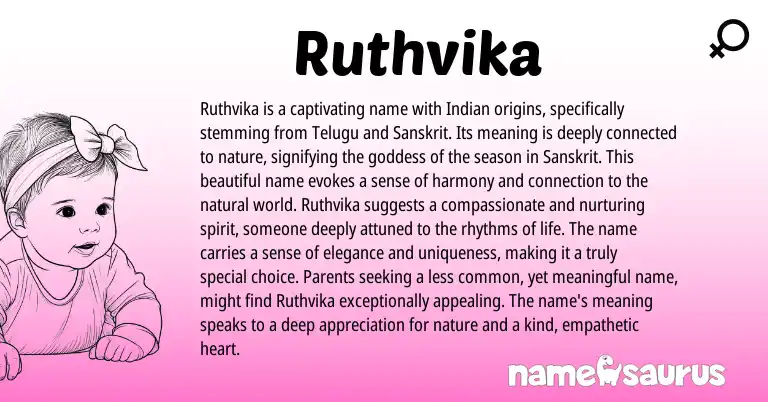 Infographic about Ruthvika name meaning, Ruthvika is a name from Kannada, Indian, Sanskrit origin(s).