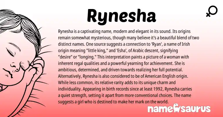 Infographic about Rynesha name meaning, Rynesha is a name from Irish, Arabic origin(s).