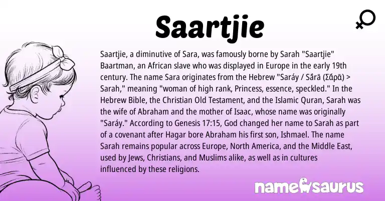 Infographic about Saartjie name meaning, Saartjie is a name from Middle East, African, Hebrew origin(s).