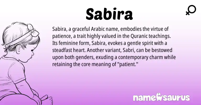 Infographic about Sabira name meaning, Sabira is a name from Arabic, Quranic origin(s).
