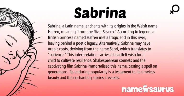 Infographic about Sabrina name meaning, Sabrina is a name from British, Shakespearean, Welsh, Latin, Arabic origin(s).