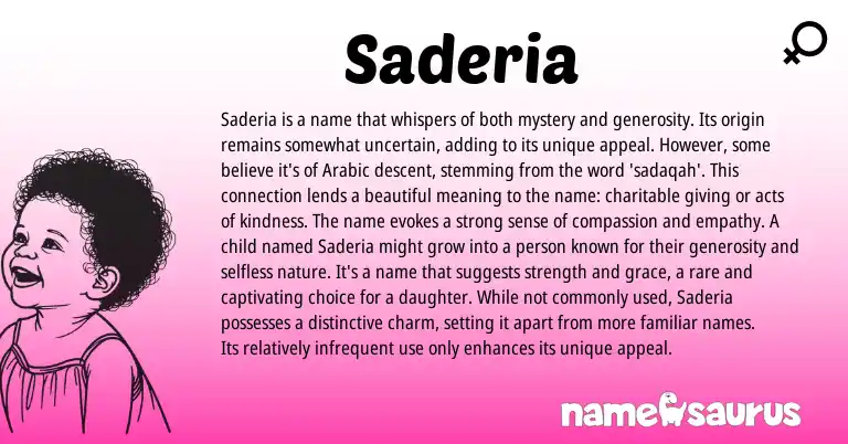 Infographic about Saderia name meaning, Saderia is a name from Arabic origin(s).