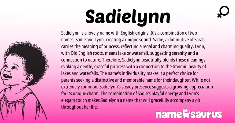 Infographic about Sadielynn name meaning, Sadielynn is a name from Welsh, English origin(s).
