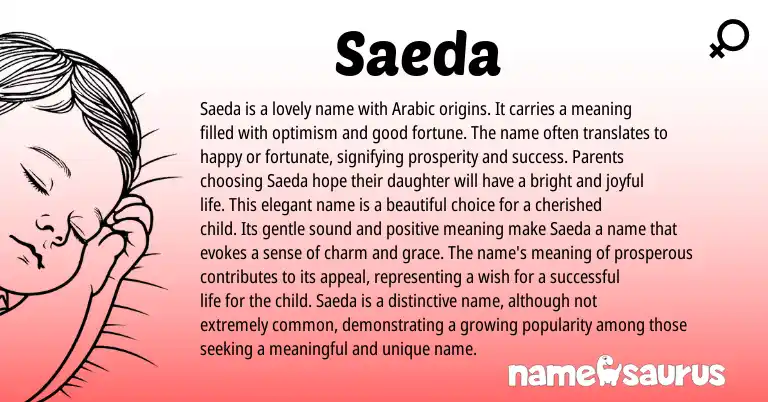Infographic about Saeda name meaning, Saeda is a name from Arabic origin(s).