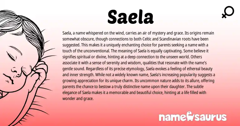 Infographic about Saela name meaning, Saela is a name from Scandinavian, Celtic, Irish origin(s).