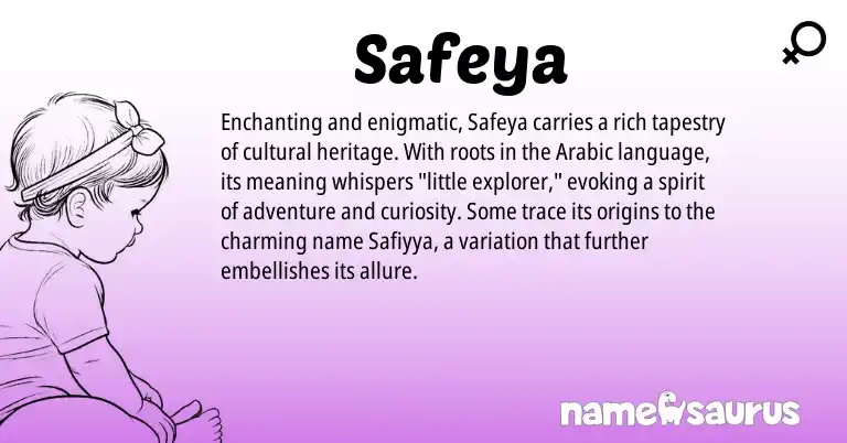 Infographic about Safeya name meaning, Safeya is a name from Arabic origin(s).