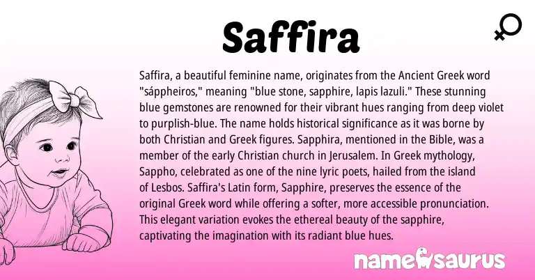 Infographic about Saffira name meaning, Saffira is a name from Ancient Greek, Latin, Greek origin(s).