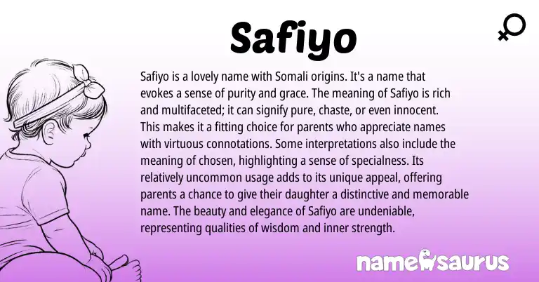 Infographic about Safiyo name meaning, Safiyo is a name from Somali origin(s).