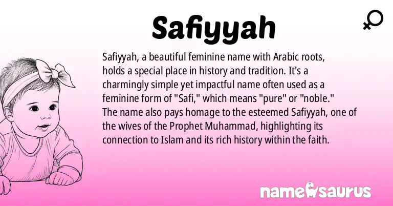 Infographic about Safiyyah name meaning, Safiyyah is a name from Arabic origin(s).
