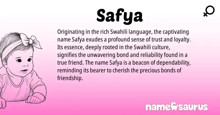 Infographic about Safya name meaning, Safya is a name from Swahili origin(s).