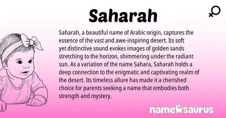 Infographic about Saharah name meaning, Saharah is a name from Arabic origin(s).