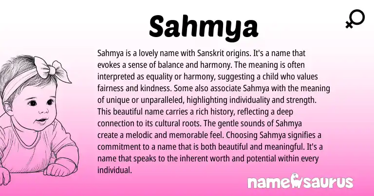 Infographic about Sahmya name meaning, Sahmya is a name from Hindi, Indian, Sanskrit origin(s).