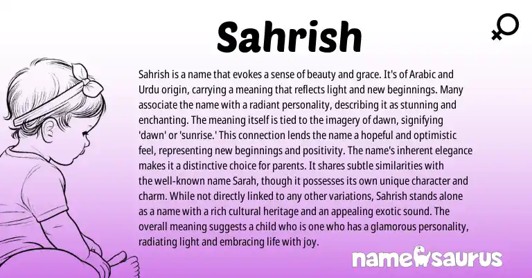 Infographic about Sahrish name meaning, Sahrish is a name from Arabic, Urdu origin(s).