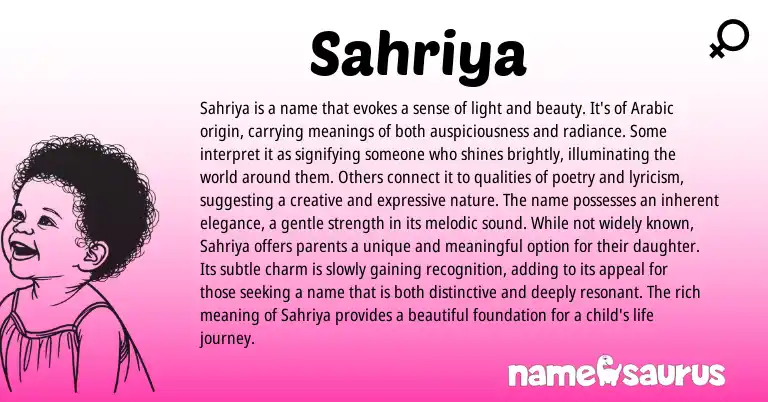Infographic about Sahriya name meaning, Sahriya is a name from Indian, Arabic origin(s).