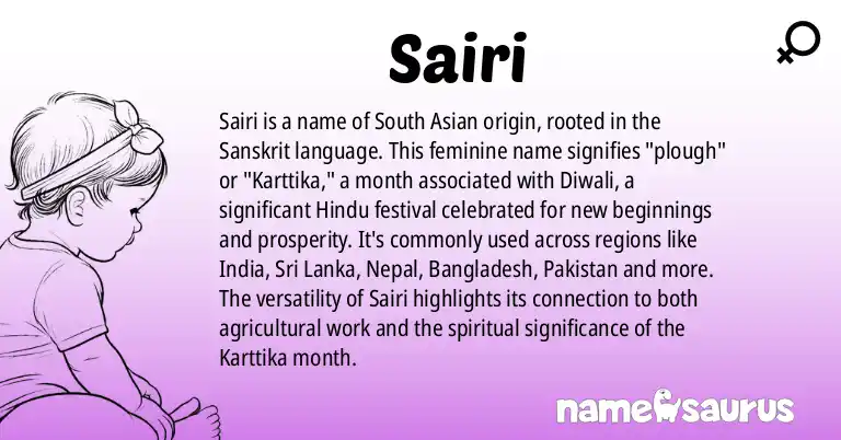 Infographic about Sairi name meaning, Sairi is a name from Sanskrit origin(s).