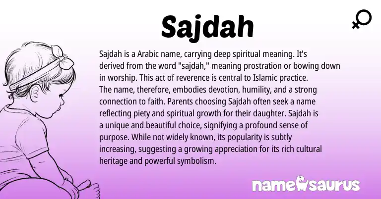Infographic about Sajdah name meaning, Sajdah is a name from Arabic origin(s).