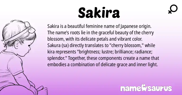 Infographic about Sakira name meaning, Sakira is a name from Japanese origin(s).