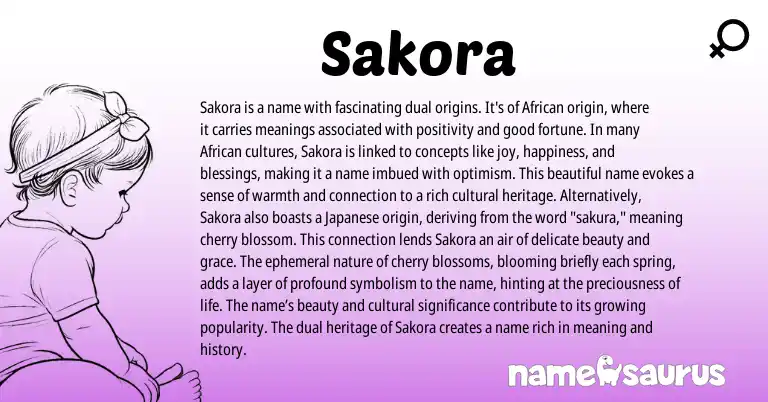 Infographic about Sakora name meaning, Sakora is a name from African, Japanese origin(s).