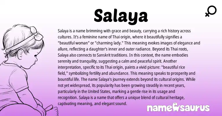 Infographic about Salaya name meaning, Salaya is a name from Sanskrit, Persian, Thai origin(s).