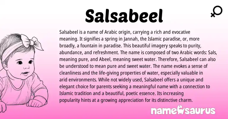 Infographic about Salsabeel name meaning, Salsabeel is a name from Arabic origin(s).
