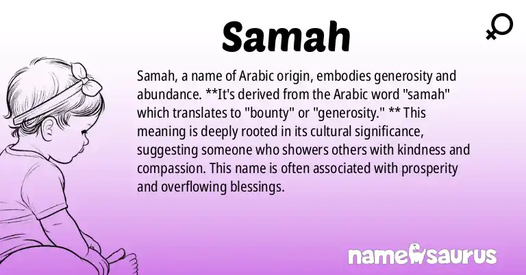 Infographic about Samah name meaning, Samah is a name from Arabic origin(s).