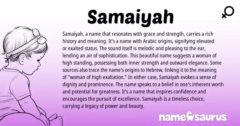 Infographic about Samaiyah name meaning, Samaiyah is a name from Hebrew, Arabic origin(s).