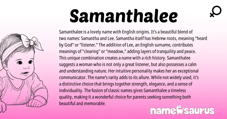 Infographic about Samanthalee name meaning, Samanthalee is a name from Hebrew, English, American origin(s).